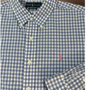 Ralph Lauren Shirt Mens XL Blue&White Check Pink Pony Button Down Custom Fit